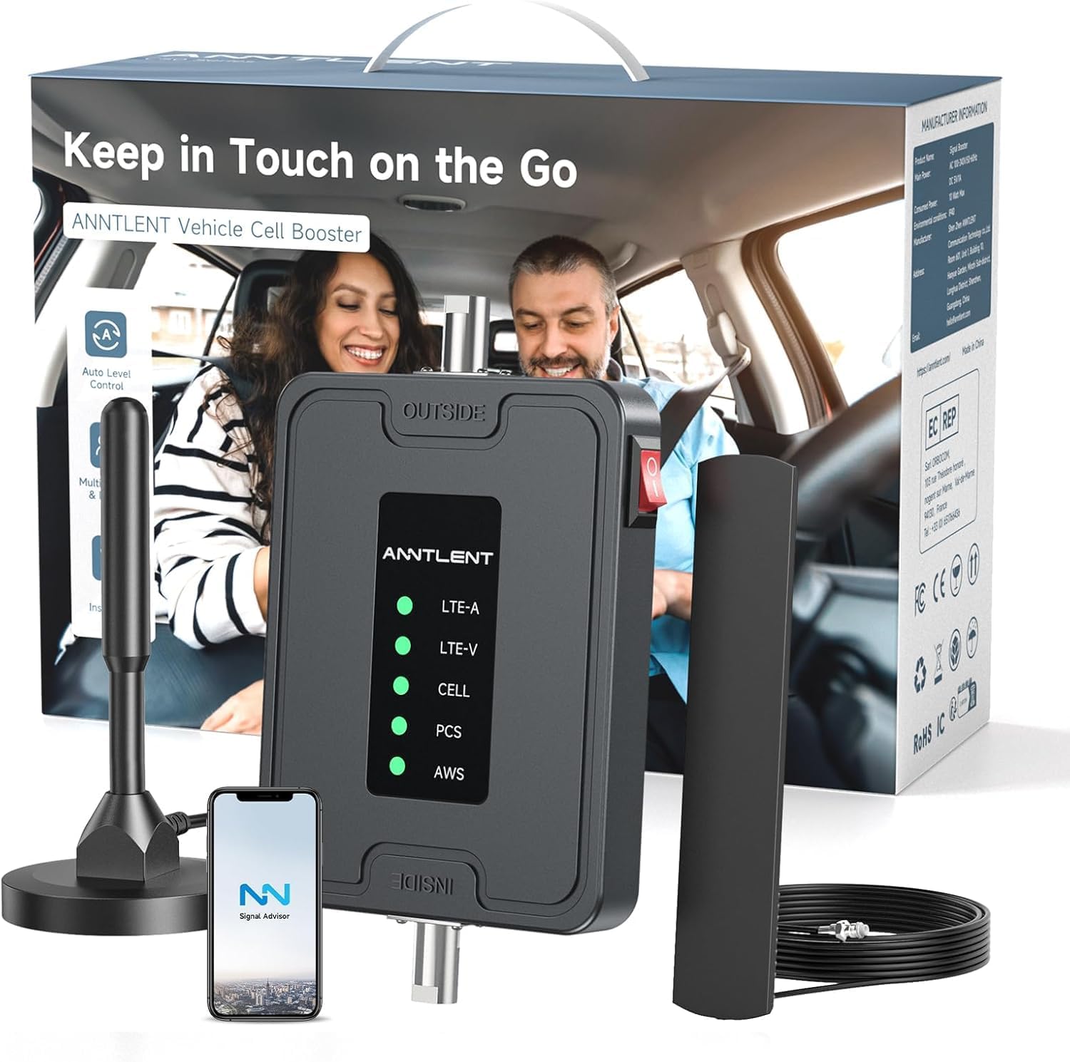 Cell Phone Signal Booster for Car, Truck and SUV | Boosts Signal for All U.S. Carriers on Band 2, 4, 5, 12, 13 and 17 | Supports Multiple Devices | Easy to Setup