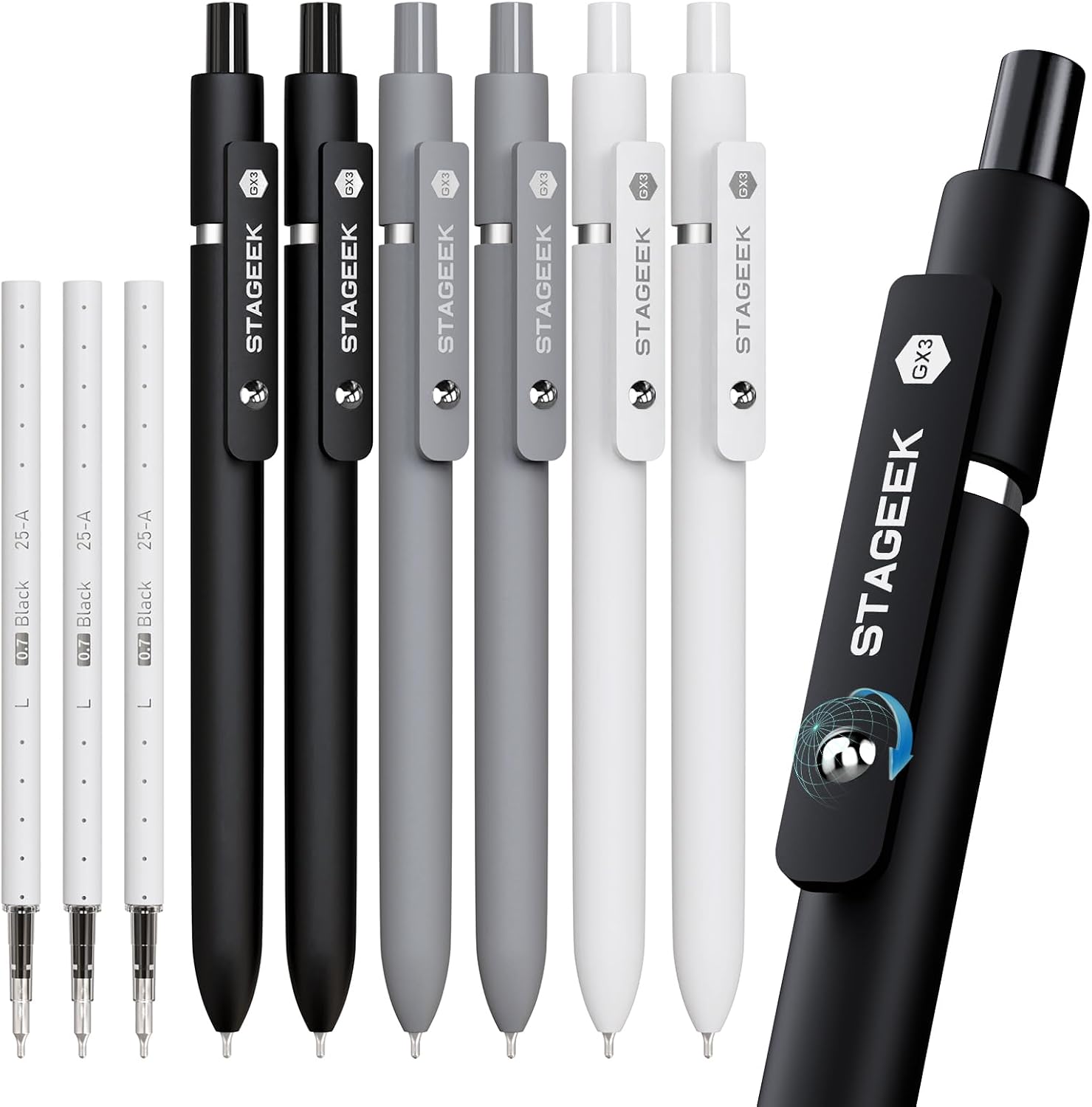STAGEEK Black Gel Pens GX3, 6 Pcs Fine Point Smooth Writing Pens with 3 Extra Refills, Quick Dry Black Ink Pens for Journaling, Office, Note Taking, School Supplies, Nurse Aesthetic(Black Gray White)
