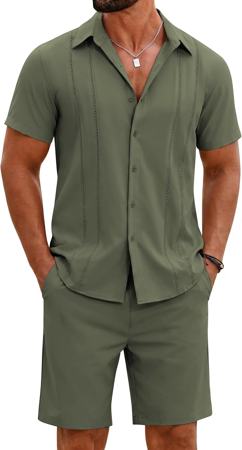 COOFANDY Men's 2 Piece Outfits Cuban Guayabera Short Sleeve Shirts and Shorts Summer Beach Vacation Set