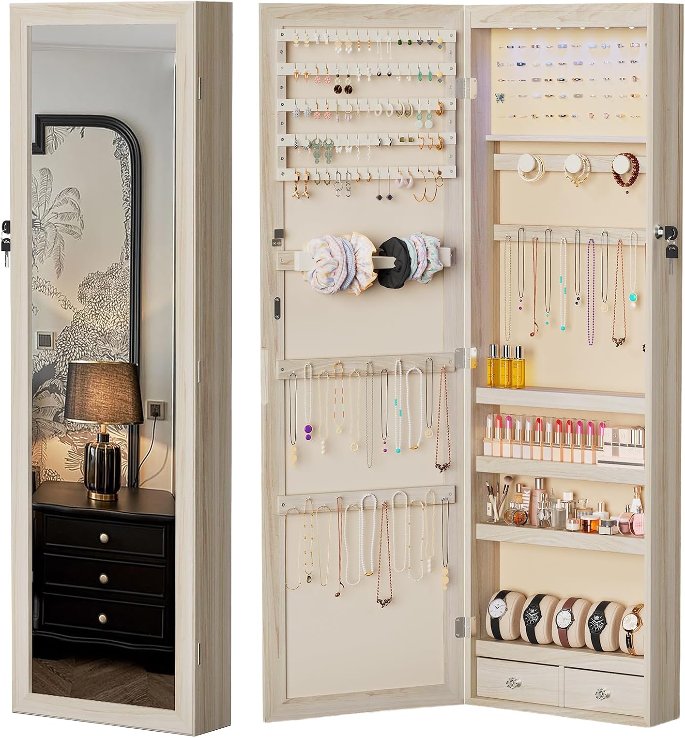 DUMOS Jewelry Armoire Cabinet with Full Length Mirror, 47.2" Tall Wall Mounted or Over the Door Jewelry Organizer with 33 Necklace Hooks, Lockable Large Capacity Jewelry Armoire with Drawers, Khaki