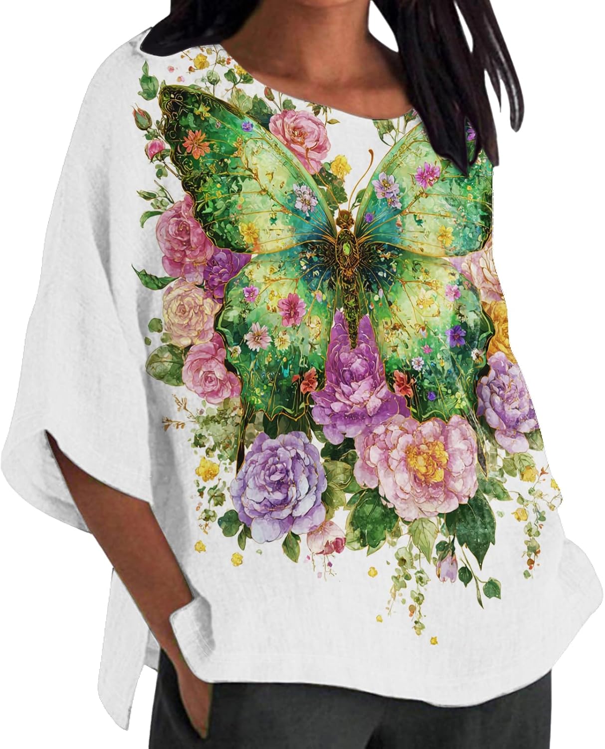 Butterfly Print Shirt for Women Round Neck 3/4 Sleeve Blouse Casual Floral Trendy Summer Baggy Lightweight Boho Tops