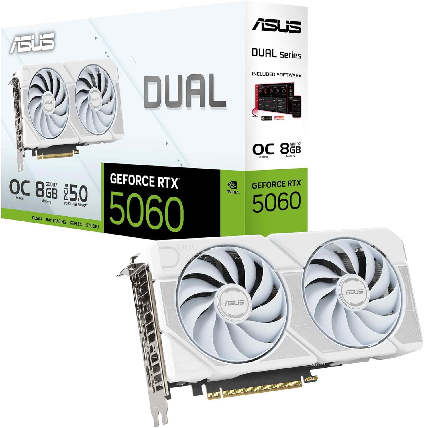ASUS Dual NVIDIA GeForce RTX™ 5060 8GB GDDR7 White OC Edition Graphics Card, Desktop (PCIe 5.0, DLSS 4, HDMI 2.1b, DisplayPort 2.1b, 2.5-Slot, Axial-tech Fan, Dual BIOS), 3 Year Warranty