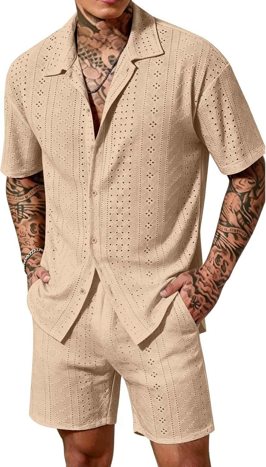 LecGee Men's 2 Piece Short Set Summer Beach Outfits Hollow Out Casual Button Down Shirt and Shorts Vacation Sets