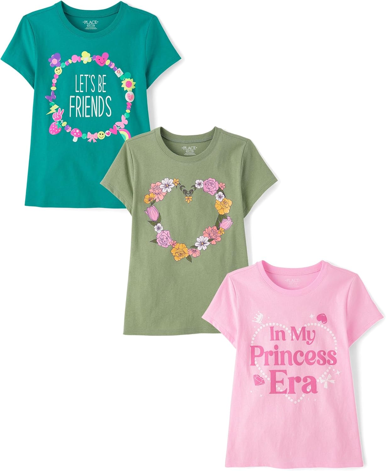 The Children's Place Girls' Sports,Trends,Icons Short Sleeve Graphic T-Shirts,3 Pack