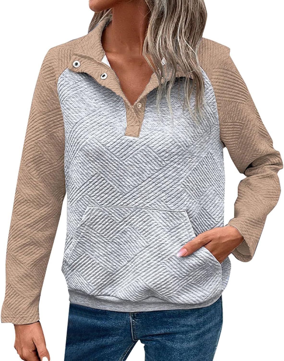 Textured Pullover for Women Fashion Button V Neck Sweatshirts Loose Fit Patchwork Sweatshirt Long Sleeve Fall Tops