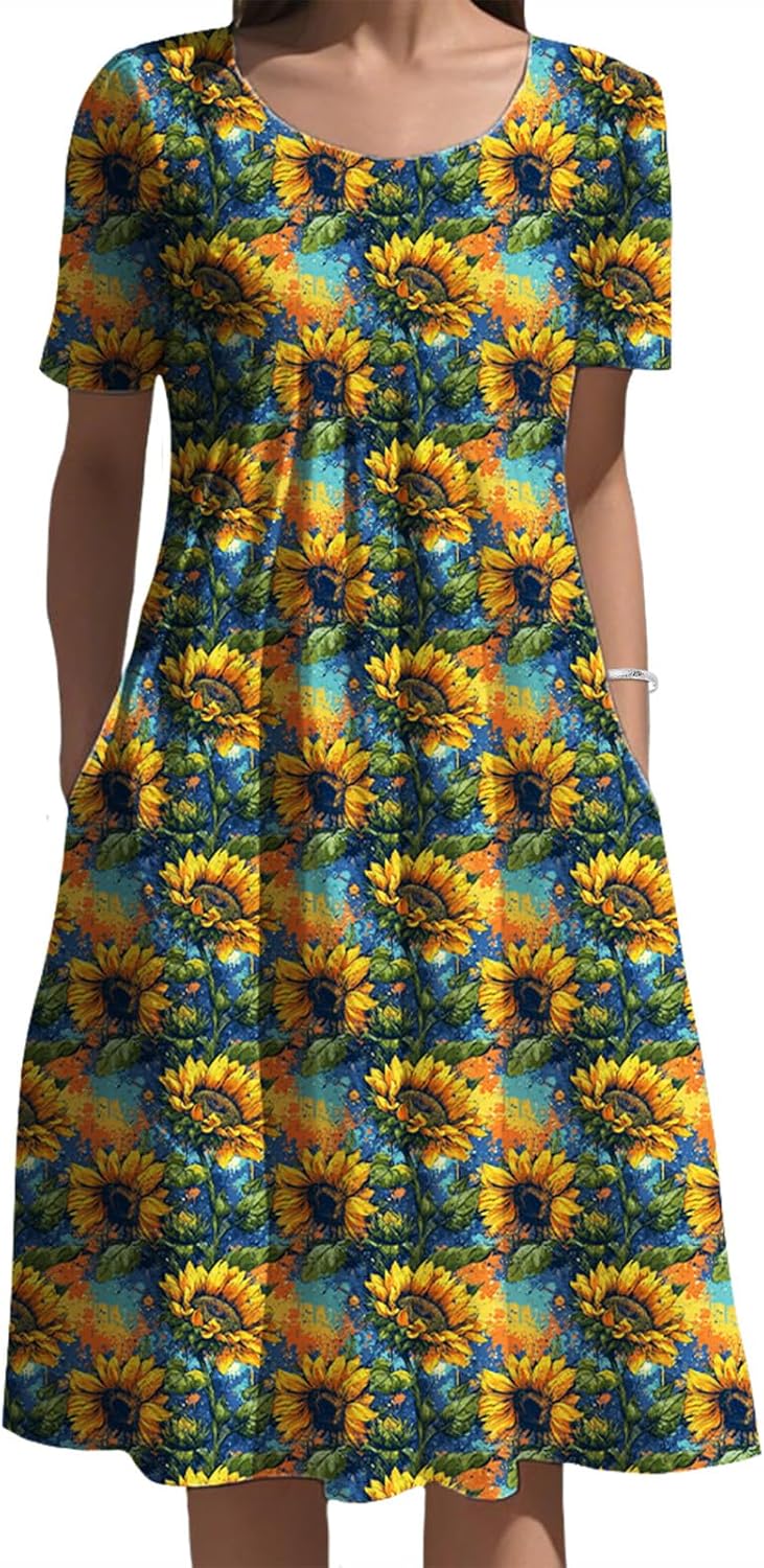 Sunflower Graphic Midi Dress for Women Summer Fashion Crewneck Short Sleeve A-Line Dress Loose Fit Lightweight