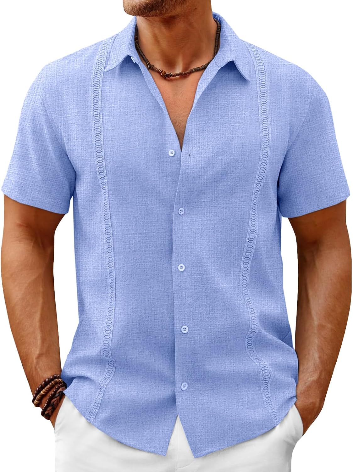 Runcati Mens Linen Guayabera Shirts Short Sleeve Cuban Casual Summer Button Down Shirt Beach Mexican Hippie Wedding Tops