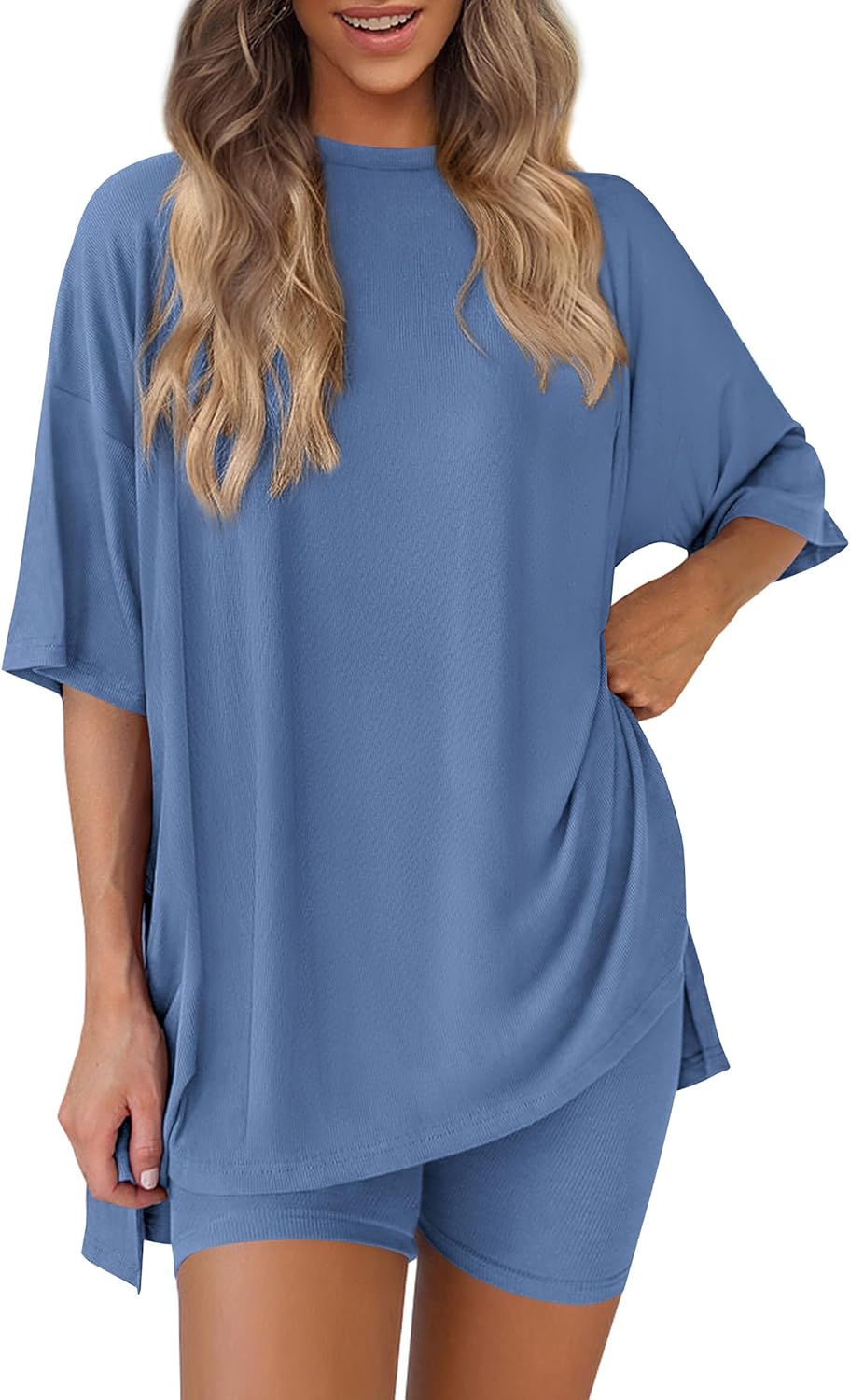PRETTYGARDEN Women 2 Piece Lounge Set 2026 Summer Casual Oversized Shirts Biker Shorts Matching Airport Travel Outfit Clothes