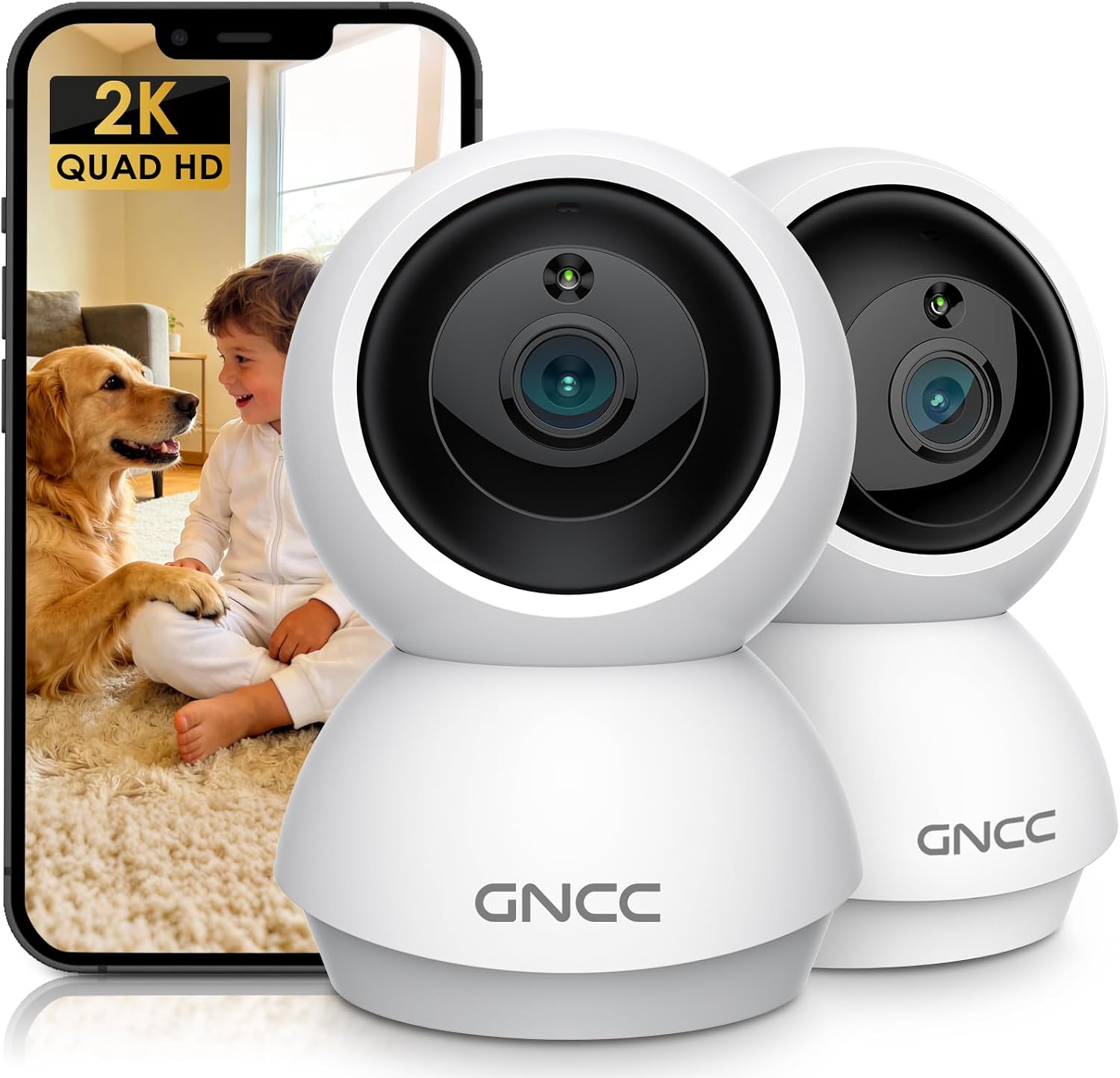 GNCC Cameras for Home Security with 360 Rotate, AI Motion Tracking,2 Pack | Smart Detection and Alerts, 2-Way Audio, SD Card Storage & Optional Cloud, 2.4/5GHz WiFi,Security Camera for Pet/Elderly