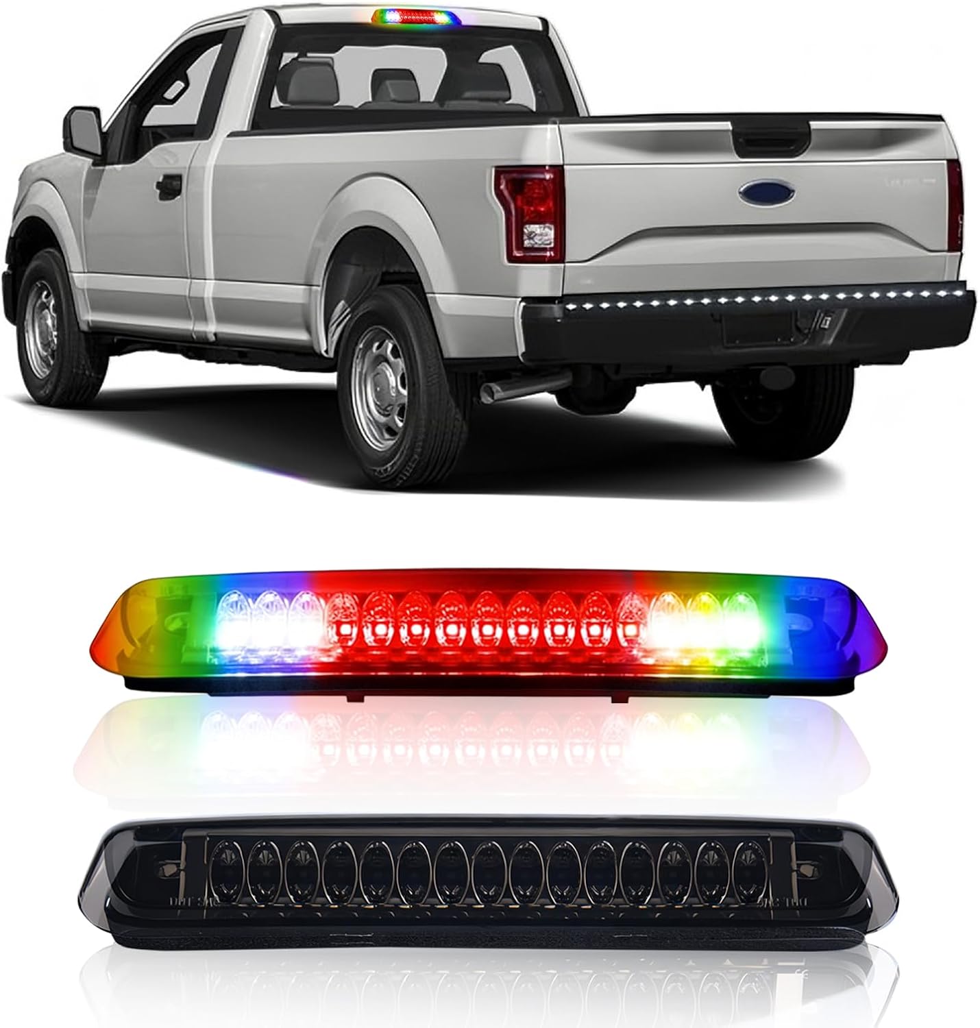RGB Third 3rd Brake Light LED Compatible with 2004 2005 2006 2007 2008 Ford F-150，High Mount Stop Light 16-Color Smoked Lens，2 Pack