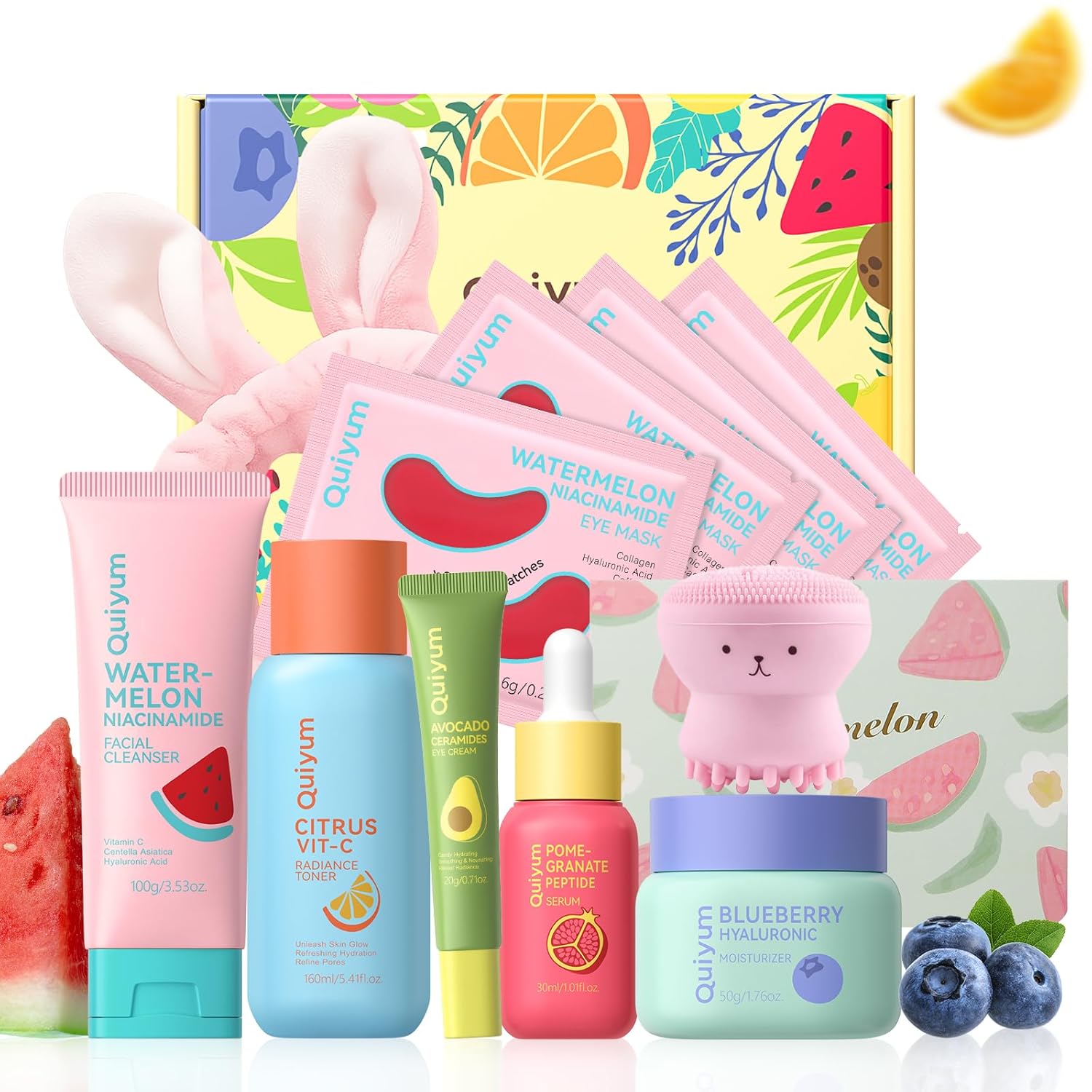 QUIYUM Early Anti-Aging Skincare Set, for Light Mature Skin, 6-Piece Natural Fruit Kit with Peptide, Vitamin C & Ceramide - Reduces Fine Lines & Dull Skin, Birthday Gifts for Women, Christmas Gift