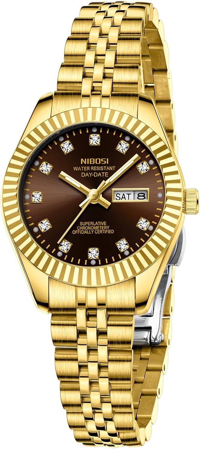 NIBOSI Women's Analog Quartz Watch, Gold Silver Stainless Steel, Day Date | 100 FT Waterproof Luminous, Dainty Luxury Diamond Dial, Fashion Elegant Classic Dress Ladies Watches for Small Wrists