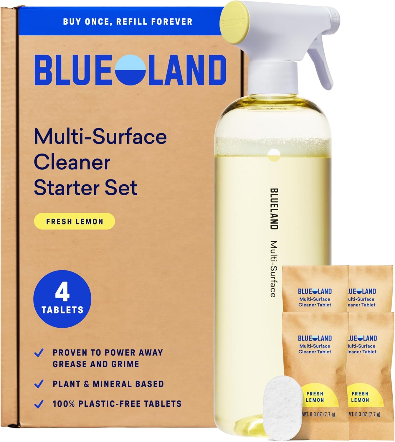 BLUELAND Multi-surface Cleaner, Starter Set, Fresh Lemon Scent, Spray Bottle with 4 Refill Tablets, All-Purpose, Eco-Friendly Cleaning Supplies, 4 x 24 Fl oz