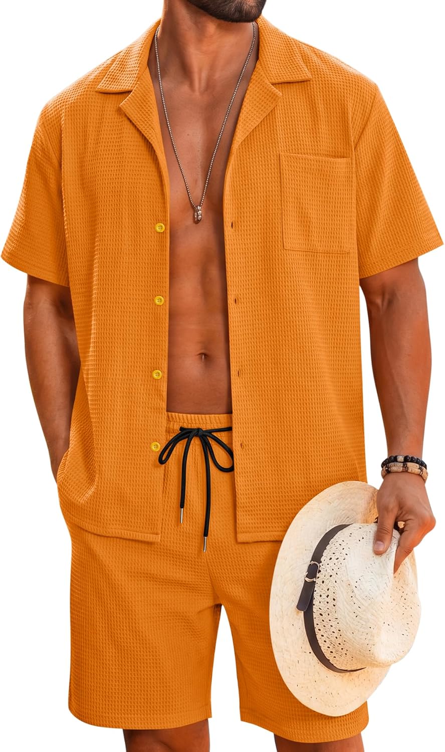 LecGee Men’s 2 Piece Waffle Textured Sets Short Sleeves Button Down Shirts and Beach Shorts Matching Outfits M-3XL