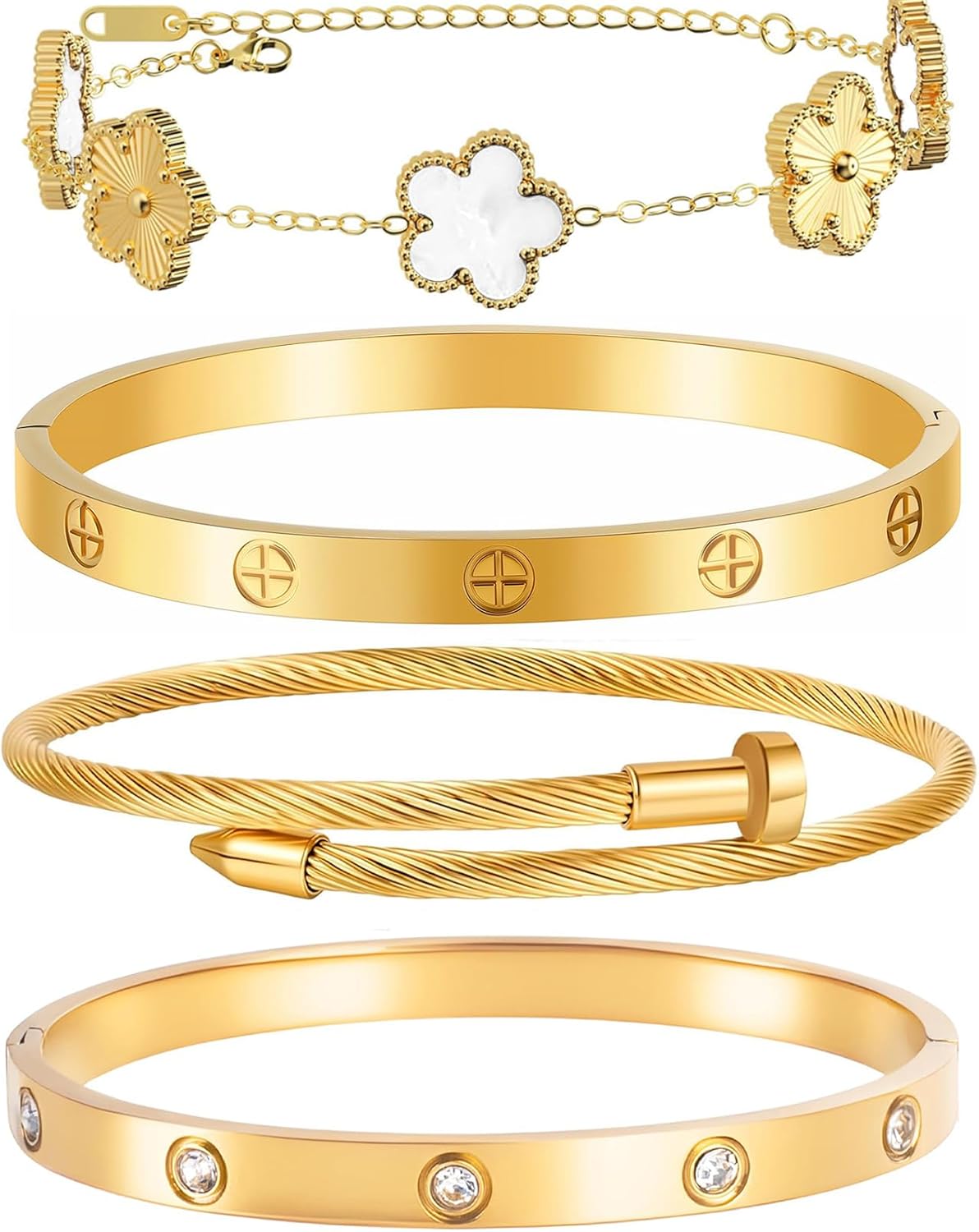 Gold Bracelets for Women-4Sets,18K Gold Plated Bracelet,Stainless Steel Bangle Bracelets Non Tarnish, Gold Bracelet Set Trendy Jewelry,Christmas Valentines Birthday Gifts for Girlfriend