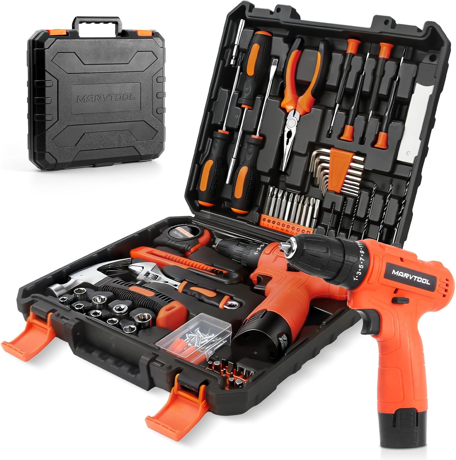 152 Piece Basic Tool Set, Portable Tool Box with 12V Cordless Drill, Home Repair Hand Tool Kit, General Household Drill Set, Toolbox with Storage Case for Homeowner, Handyman, Women, Men