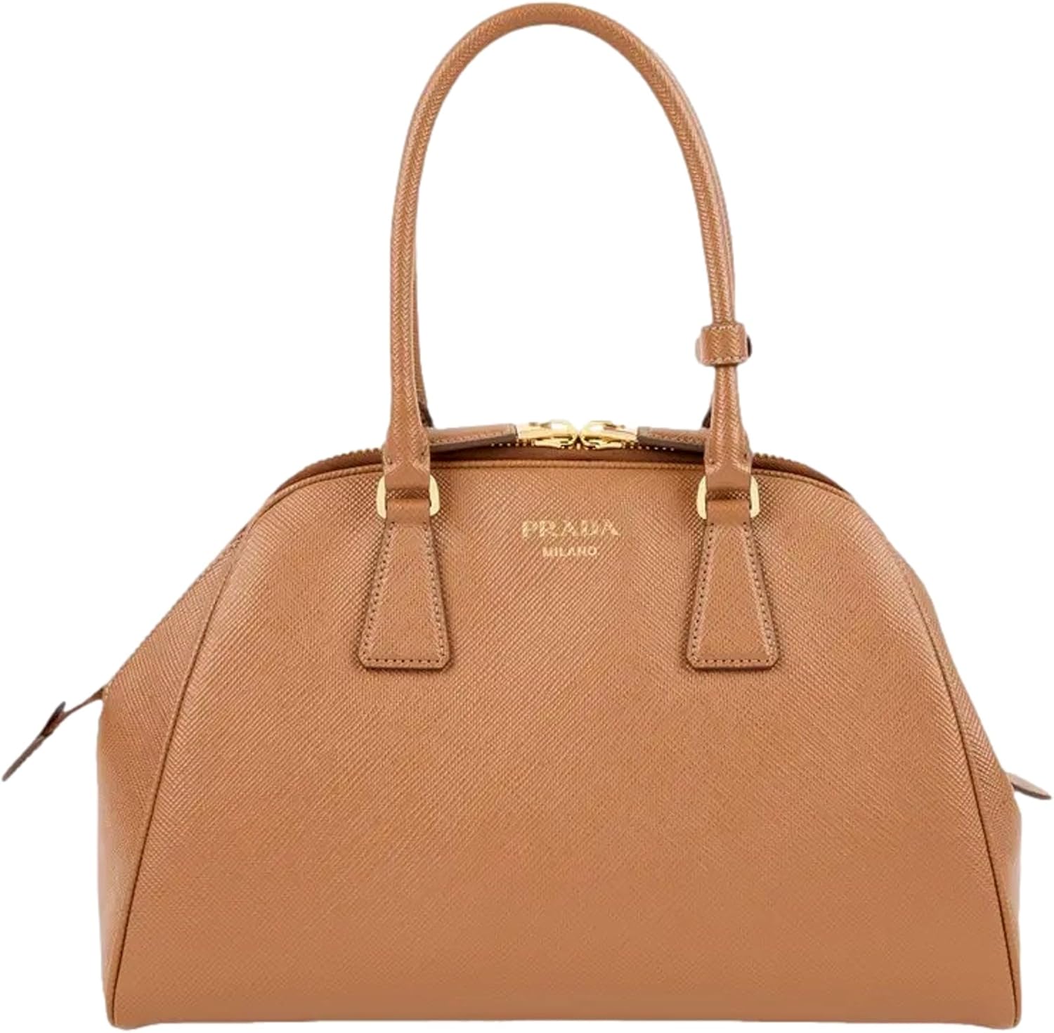 Prada Saffiano Leather Top Handle Satchel Caramel Brown Medium 1BG537 Designer Handbag Luxury Structured Tote Shoulder Bag Italy