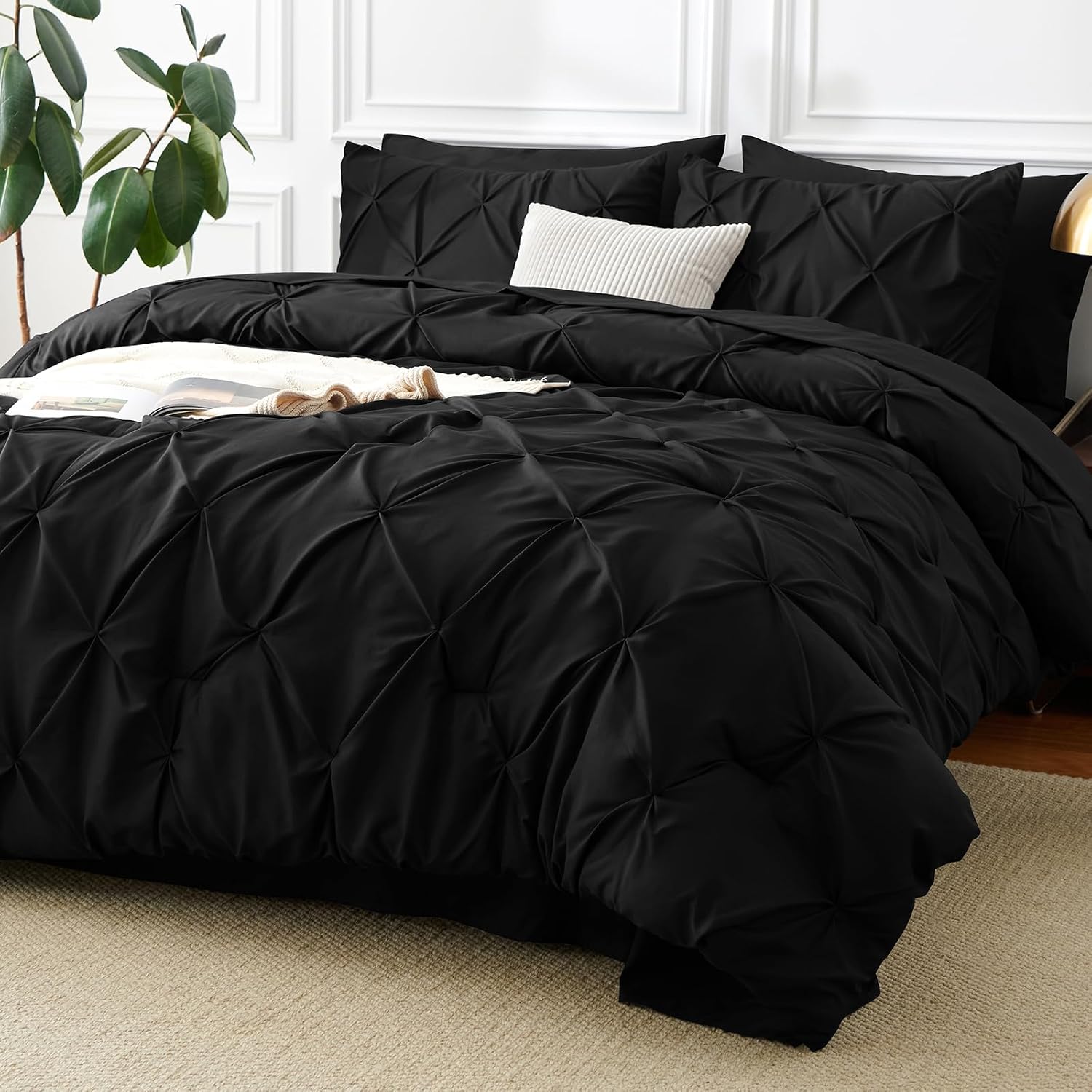 Queen Comforter Set Black, 7 Pieces Pintuck Bed in a Bag | OEKO-TEX 100 Certified, 240GSM All Season, Bedroom, Guest Room, Down-Alternative Comforter, Sheets, Pillowcases & Shams