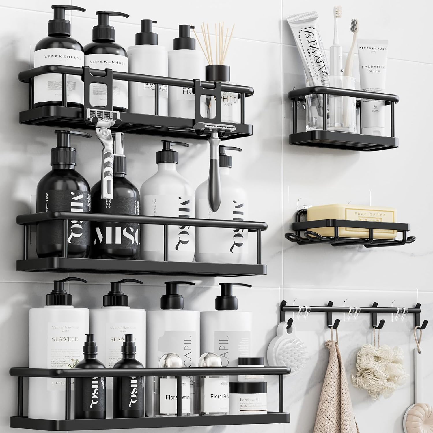 Shower Caddy Adhesive, Rustproof Shower Organizer with Soap Holder, Large Capacity Shower Shelves for Inside Shower, No Drilling Bathroom Organizers and Storage for Home Decor 6 Pack Black