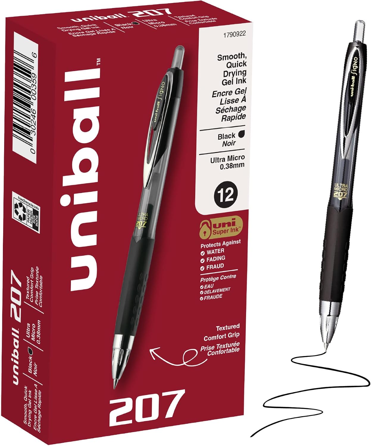 uniball™ 207 Gel Pens, Black Ink, 0.38mm Ultra Micro Point, Retractable, 12 Count, Smooth Writing, Fraud-Resistant, uni Super Ink™