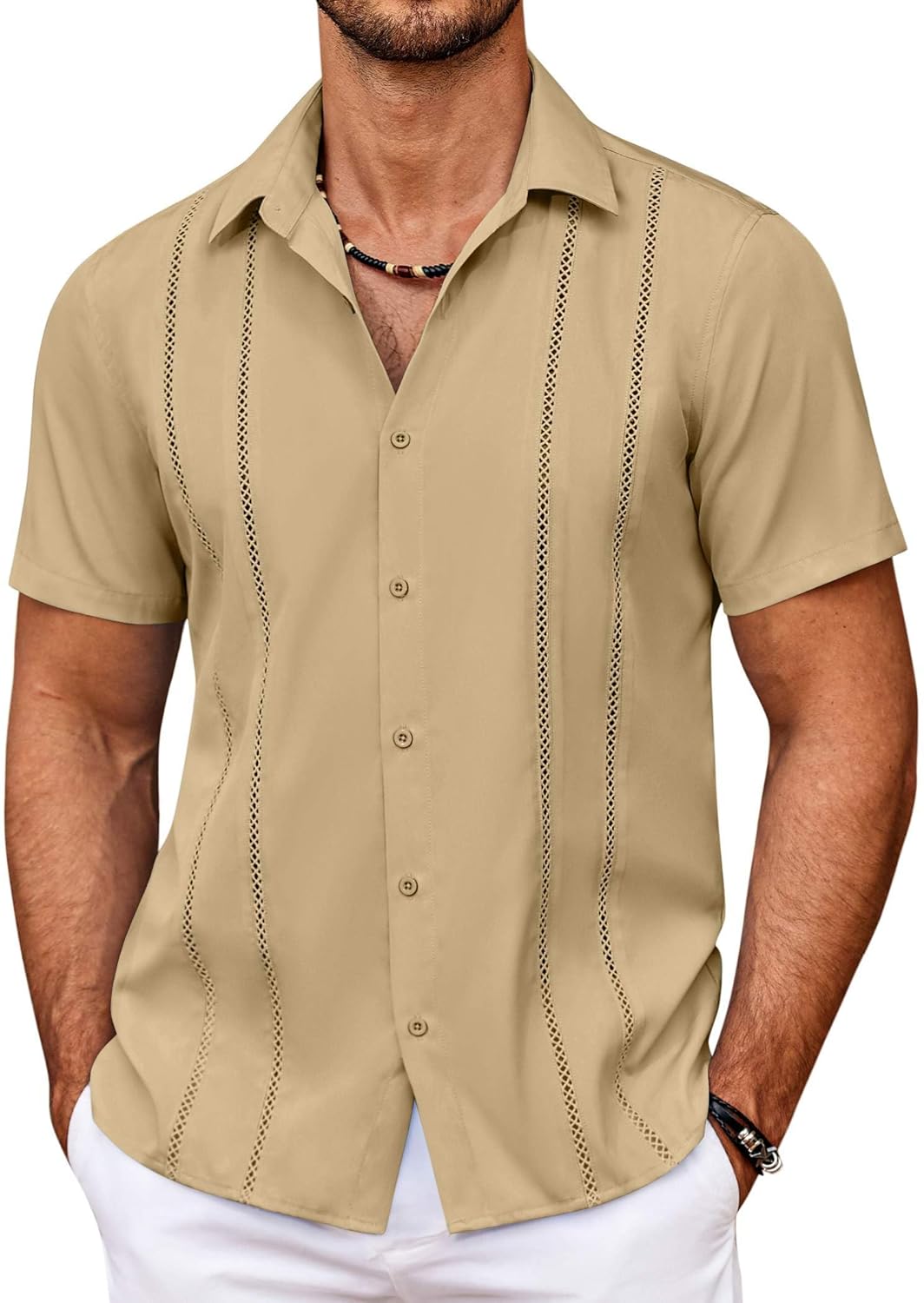 COOFANDY Men's Cuban Guayabera Shirt Summer Beach Vacation Shirt Casual Short Sleeve Button Down Resort Wear