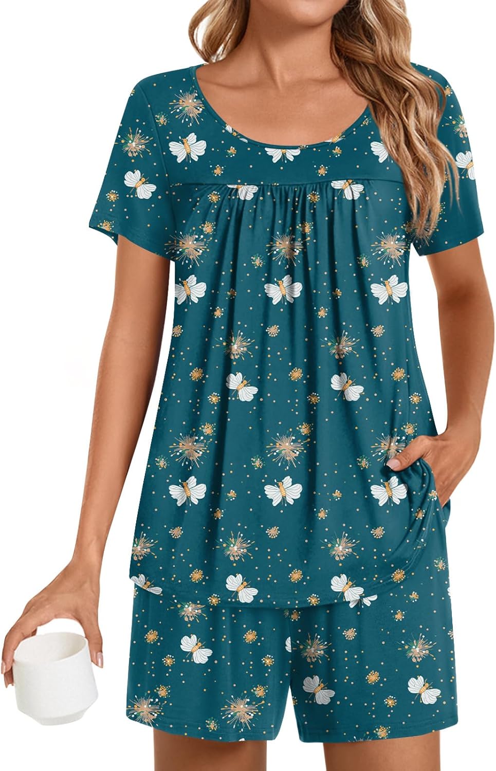 POPYOUNG Womens Pajama Sets Summer Short Sleeves 2 Piece Lounge Sleepwear Ladies Pjs Sets with Pockets