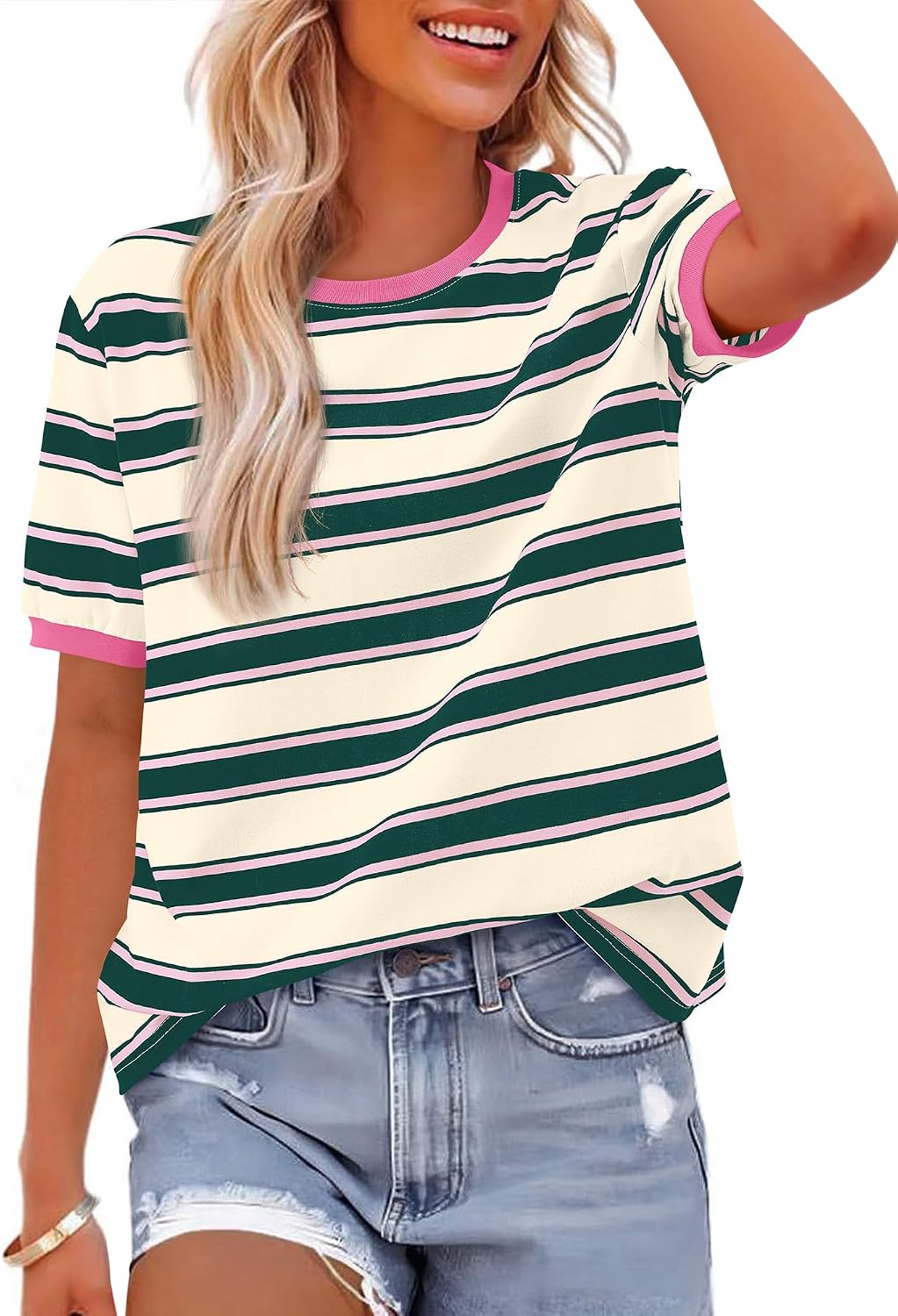 BTFBM Womens Summer Tops Short Sleeve Striped Shirt | Crewneck T Shirts, Color Block Y2k Top, Loose Tshirts, Lightweight Basic Tees, Trendy Spring Clothes, Fashion Clothing 2026