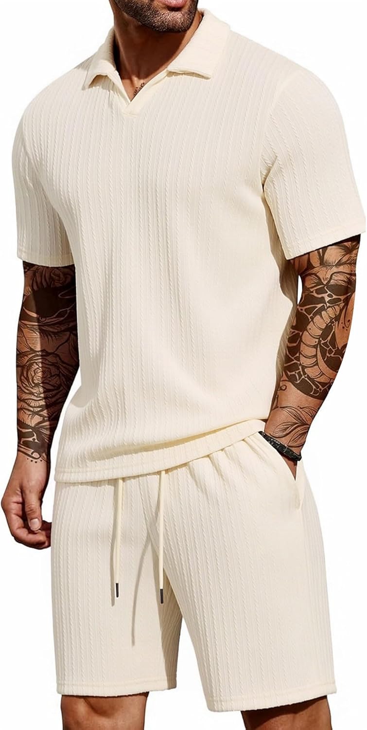 Mens Summer Beach Outfits 2 Piece Textured V Neck T Shirt and Shorts Set | Jacquard Texture Knit Fabric,breathable Comfort,Lightweight,Relaxed Fit for Beach Trips, Vacation, Gym, Lounge,Casual Daily