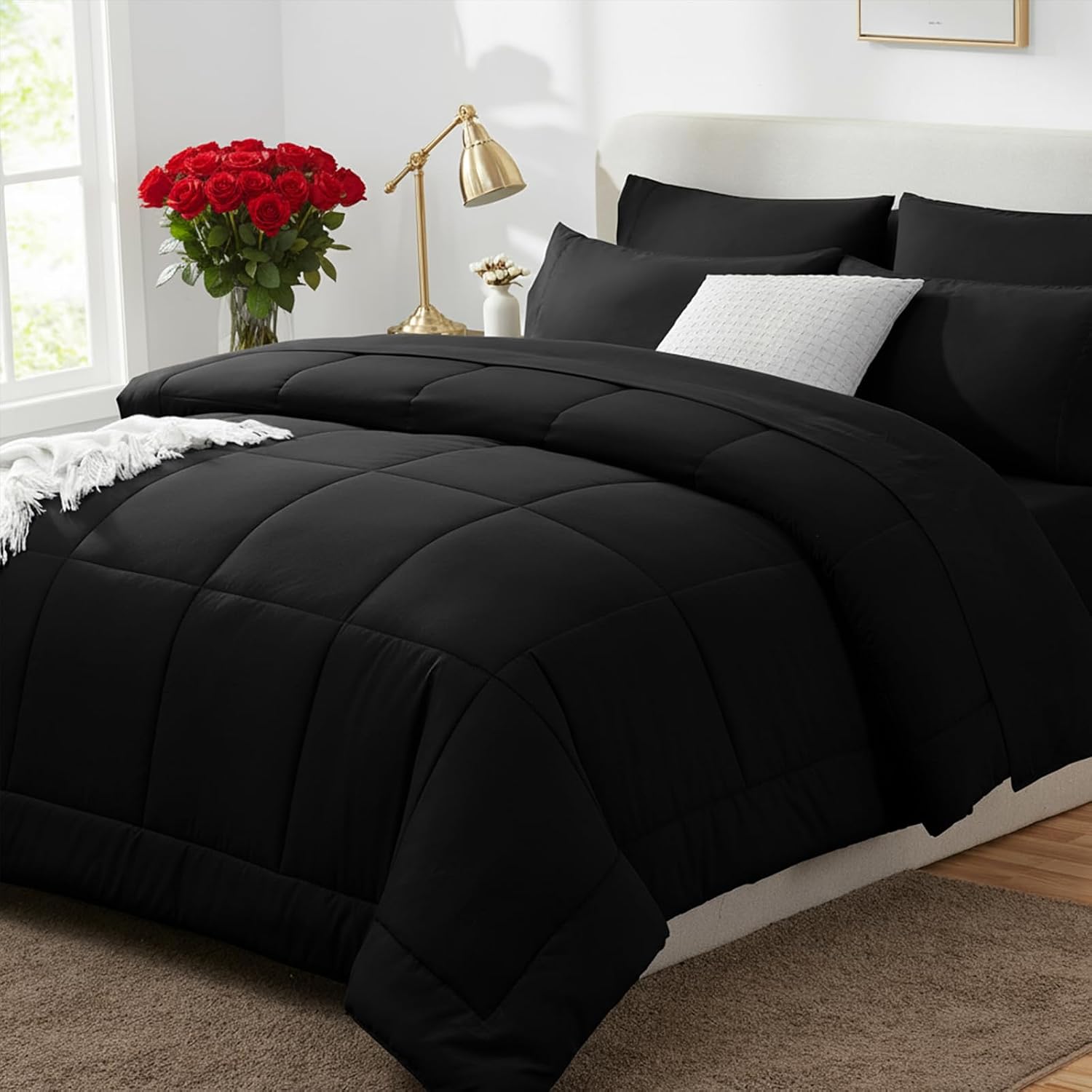 Queen Comforter Set Black - 7 Pieces Bed in a Bag | OEKO-TEX Certified, All-Season, Bedroom, Guest Room, Down-Alternative Comforter + Flat & Fitted Sheets + 4 Pillowcases