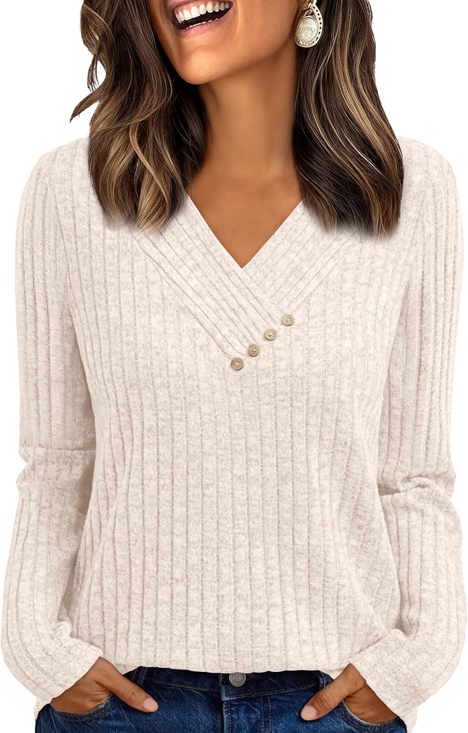 AUTOMET Womens Long Sleeve V Neck Tunic Sweater 2026 Fall Fashion Tops | Decorative Buttons, Dressy Casual Business Work Blouse, Lightweight Comfort Shirt, Trendy Cozy Winter Clothing