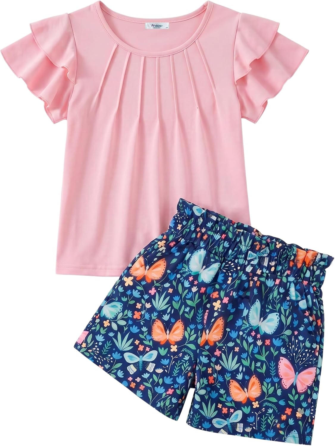 Arshiner Girls 2 Piece Outfits Kids Summer Ruffle Sleeve Top and Shorts Set | Size 5-13Y, Double-Layer Sleeve&Paperbag Waist Design, Fit for Casual, School, Vacation, Travel, Beach