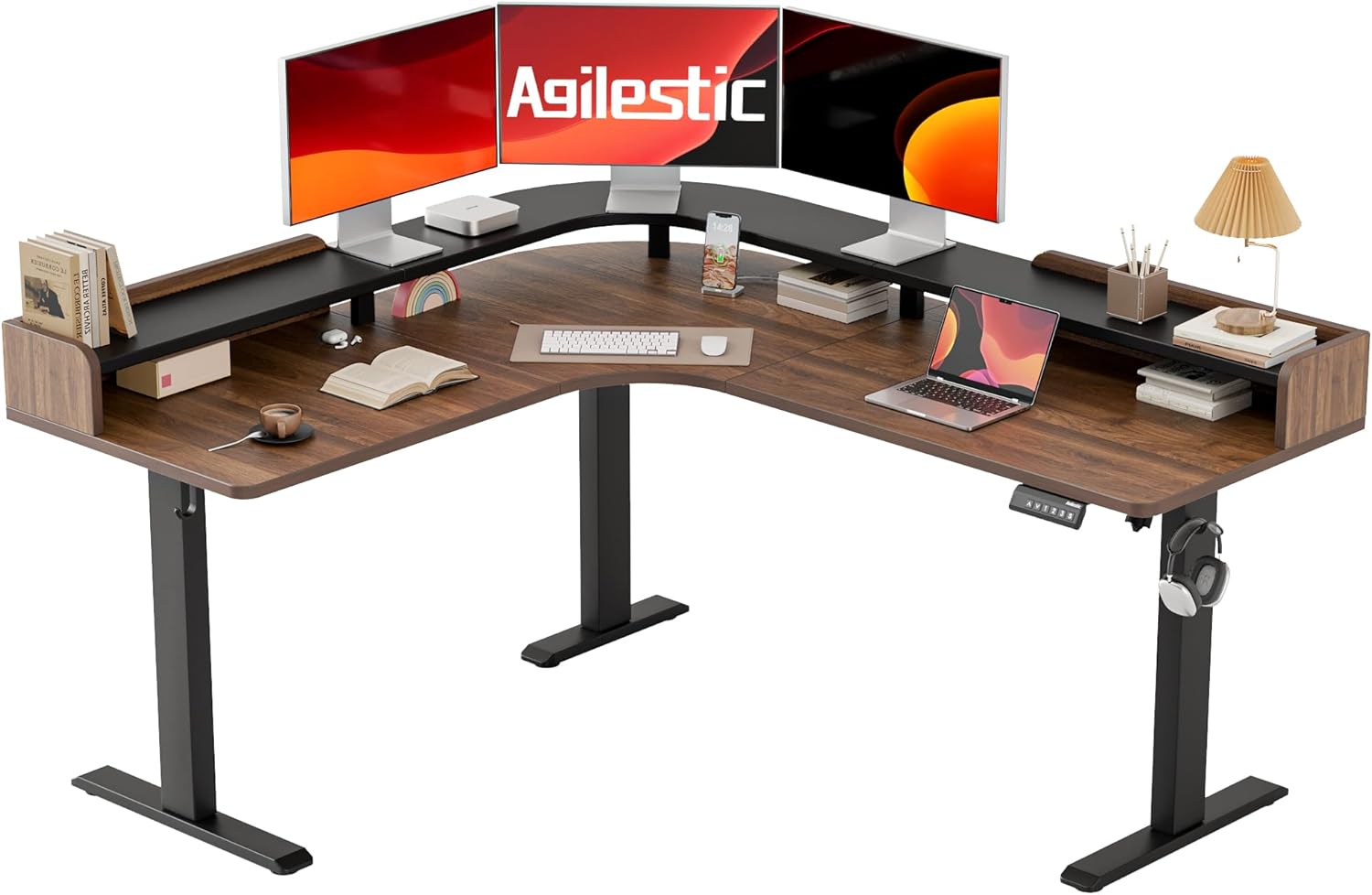 Agilestic L Shaped Standing Desk with Monitor Shelf, 63 Inch, Dark Walnut | Electric Height Adjustable, Dual Monitor Setup, Spacious Corner Desktop, Sturdy Steel Frame, Memory Presets, 264 lbs