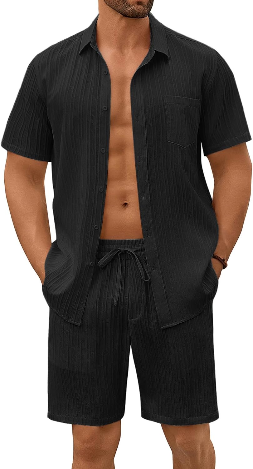 COOFANDY Men's Summer Beach Outfits 2 Piece Short Sets Shirts and Shorts Vacation Texture Linen Sets for Men