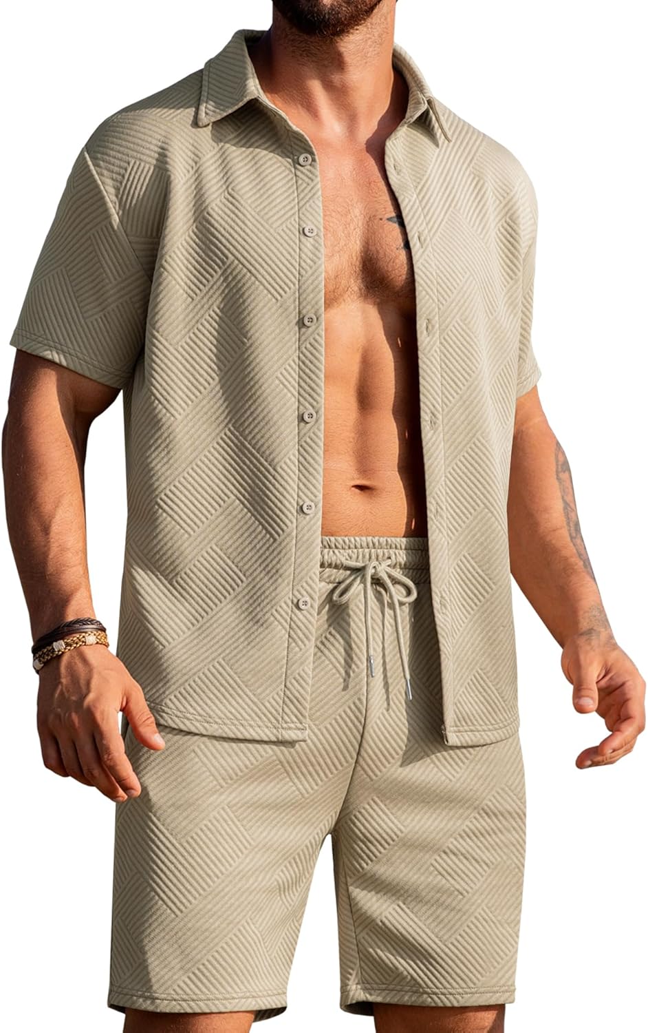 URRU Men's Shirt and Shorts Set Summer Outfits Short Sleeve Casual Button Down 2 Piece Shorts Set