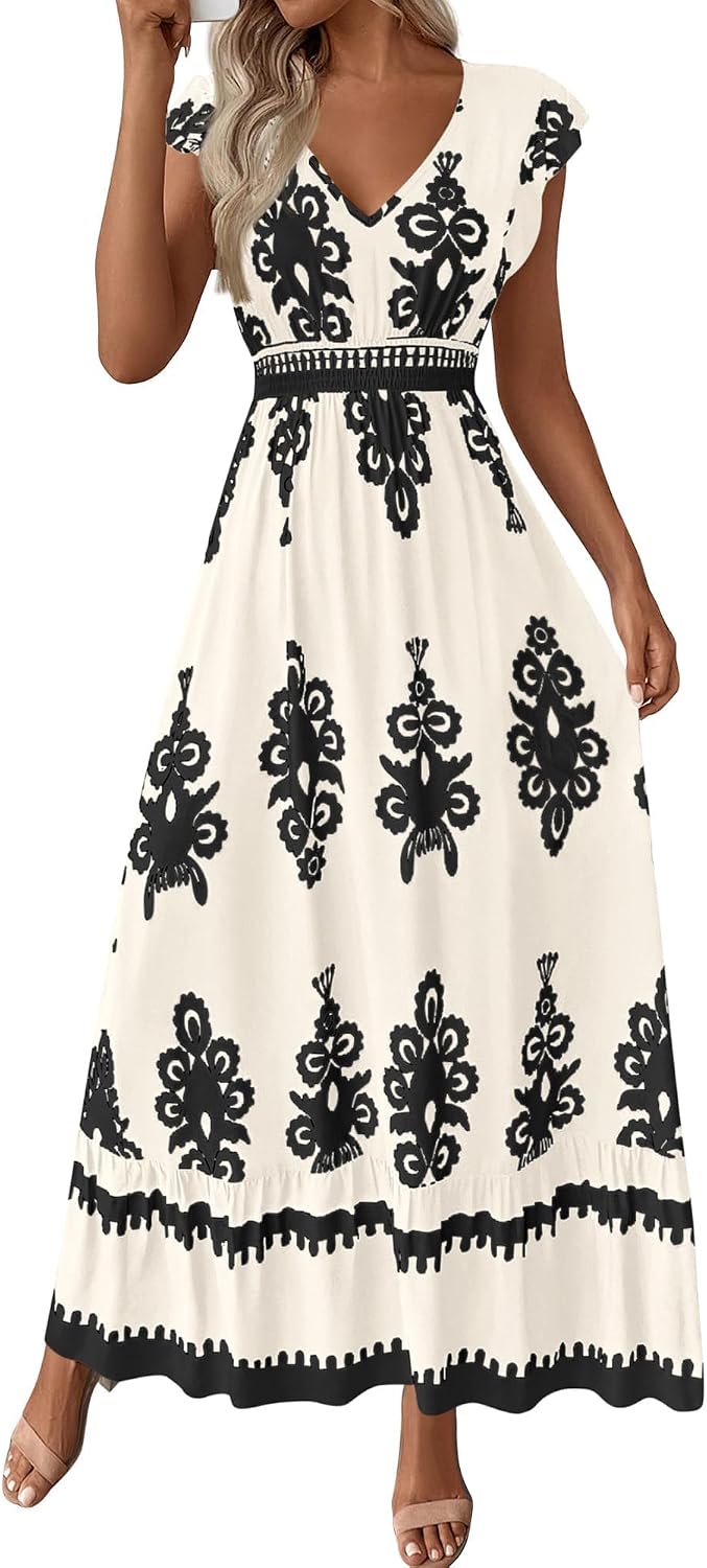 BTFBM Summer Dresses for Women Beach Fashion Floral Short Sleeve V Neck Boho Long Wedding Guest Maxi Dress Spring