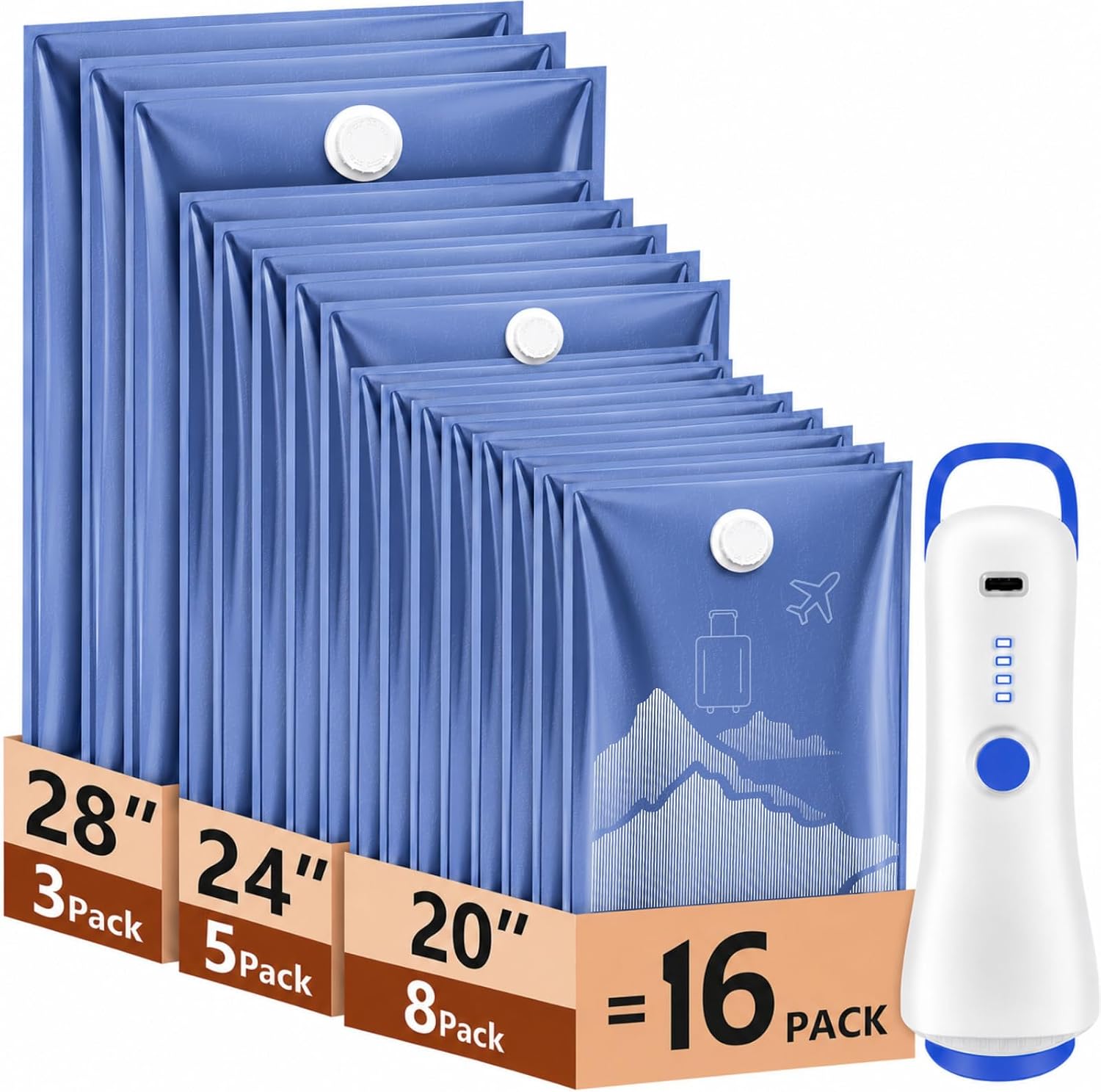 Vacuum Bags for Travel with Electric Pump,16 Pack Space Saver Clothes | 3 Sizes Portable Compression Seal for Travel, Moving & Seasonal Storage, Carry-On Bags for Luggage, Reusable, Leak-Proof