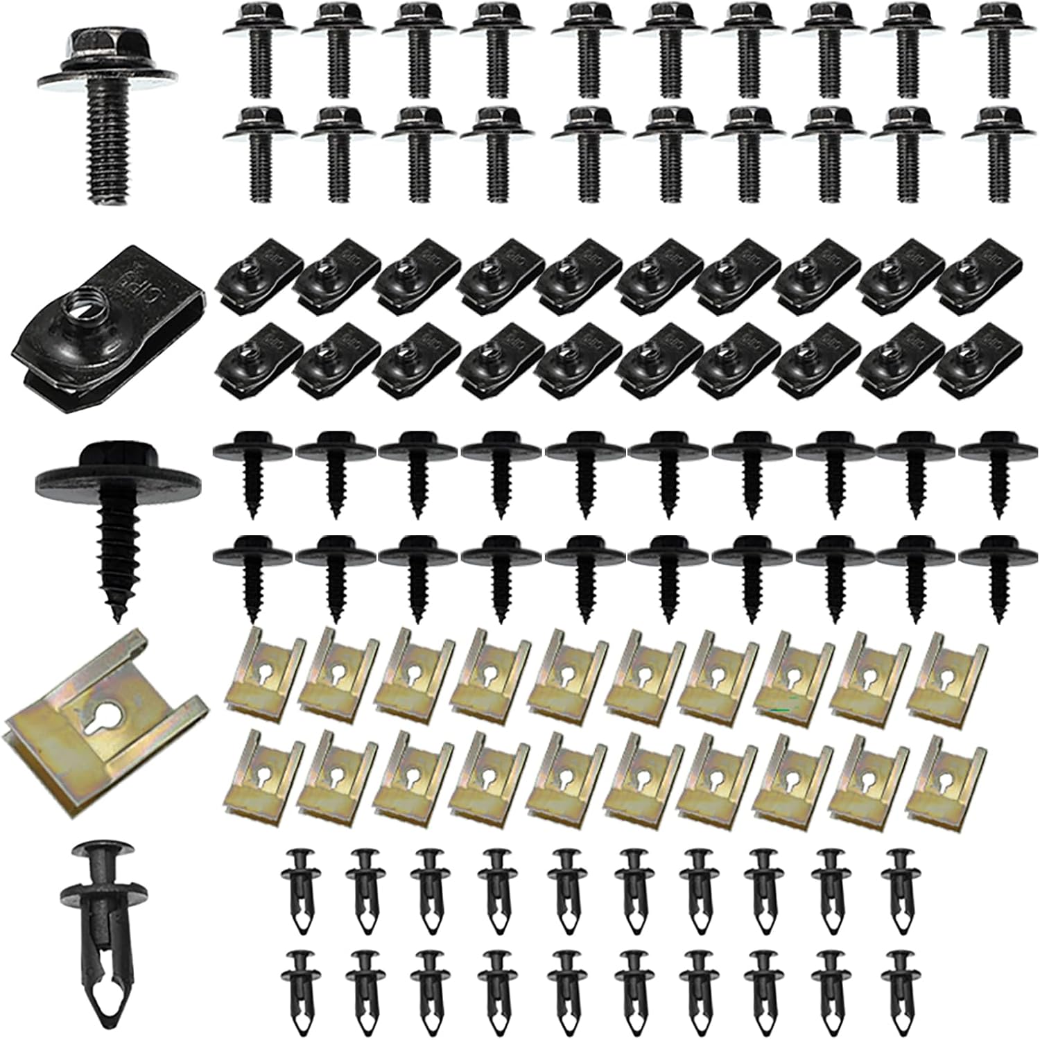 SLIMI 100 PCS Car Body Screws and Bolts, Bumper Fender Screws Bolts Set, Splash Shield Retainer U-Nuts Kit, Universal Engine Chassis Nut/Body Clamp, for Most Cars, SUVs, Trucks (Black)