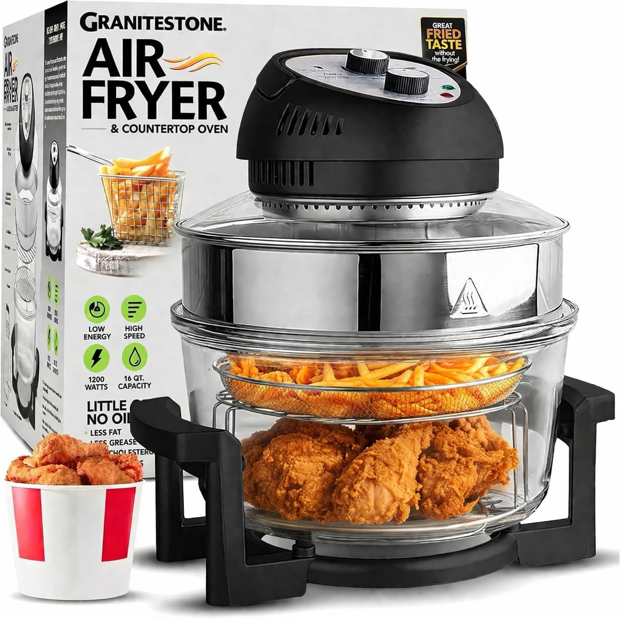 Granitestone 16 Qt Large Glass Air Fryer Non Toxic – Family Sized Airfyrer Cooker with 3 Cooking Sections, Stainless Steel Racks, No Preheat, Self Cleaning, Dishwasher Safe - Black
