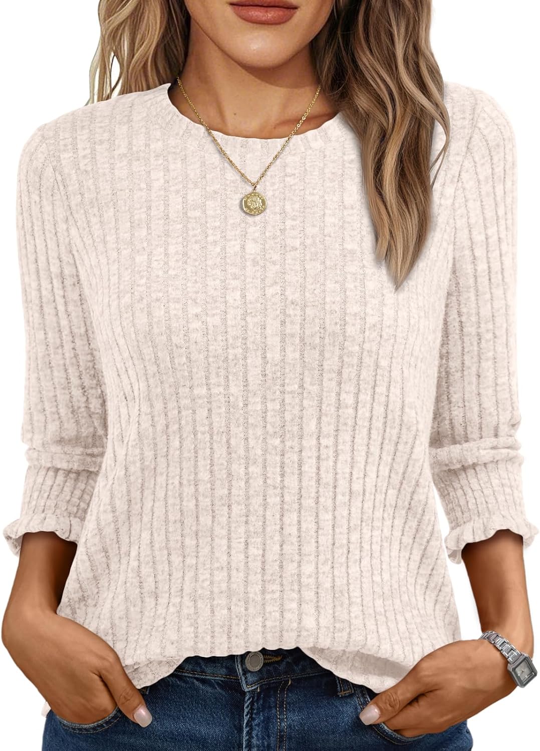 AUTOMET Womens 3/4 Sleeve Tops T Shirts Summer Sweater Round Neck Casual Top Ladies Tops Business Casual Blouses