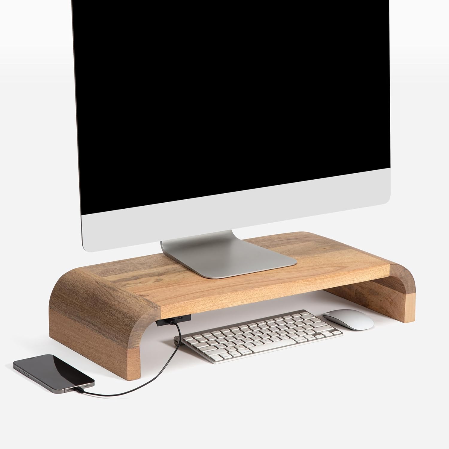 Anji Mountain Wood Monitor Stand Riser Desk Desktop Organizer Table for Home, Office Workspace, Laptop Riser, Ergonomic Design Stand for Gaming Setup, with Power Source, Mango