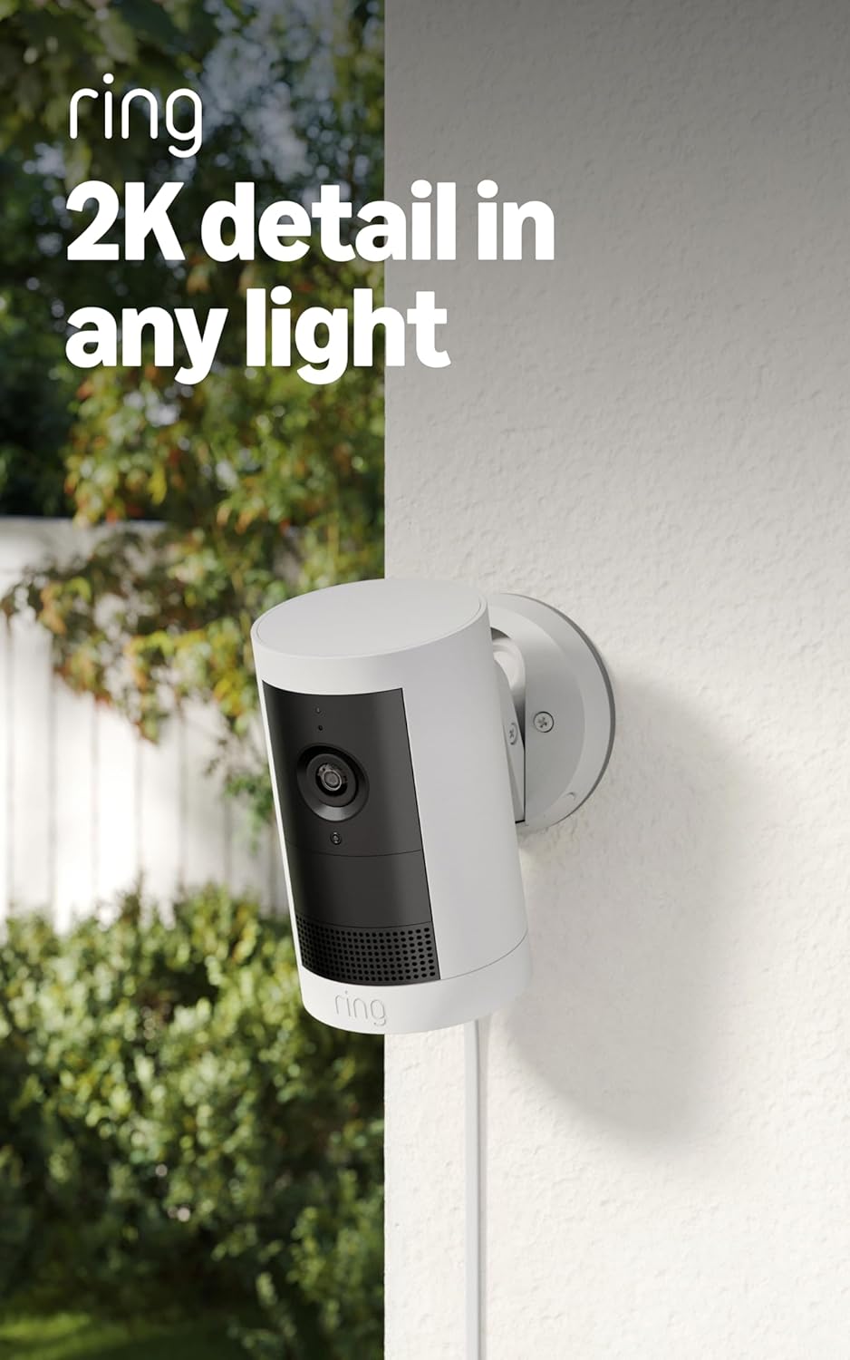 Ring Outdoor Cam Plus, Plug-In (newest model), Home or business security, Wide-Angle 2K Video with Ring Vision, Low-Light Sight for full-color night vision, Mount-Anywhere Versatility, White