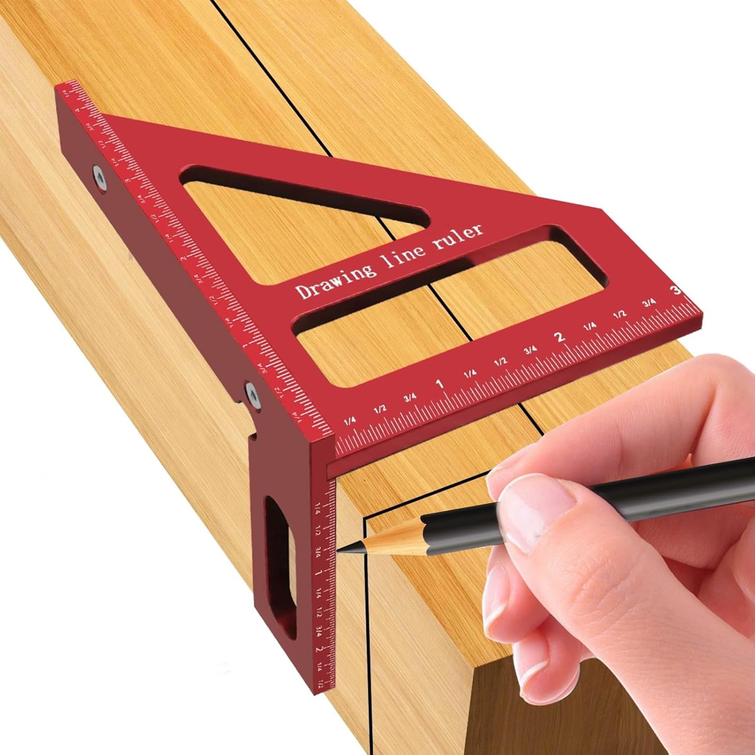 3D Multi-Angle Measuring Ruler, 45-90 Degree Aluminum Alloy Woodworking Square Protractor, Miter Triangle Drawing Line Ruler High Precision Measuring Tool, Red