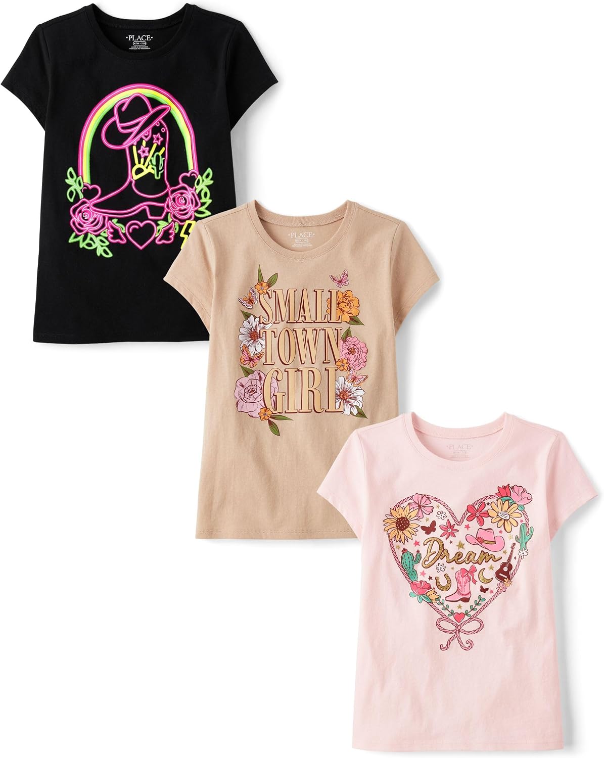 The Children's Place Girls' Sports,Trends,Icons Short Sleeve Graphic T-Shirts,3 Pack