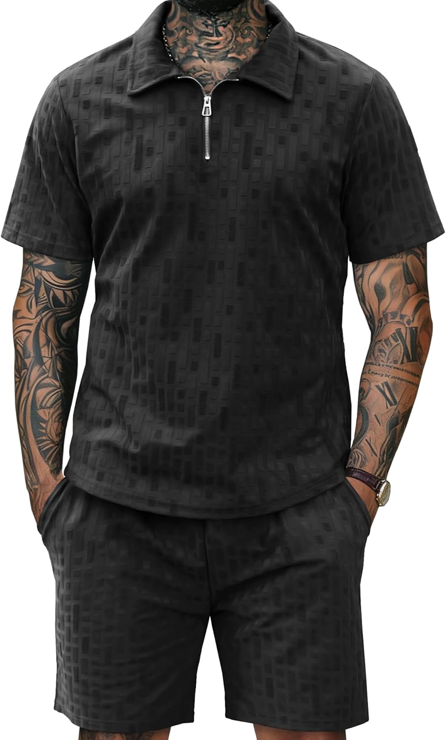URRU Mens Textured Polo Shirt and Shorts Set Casual 2 Piece Summer Outfits Short Sleeve Quarter Zip Fashion Golf Polo Suit