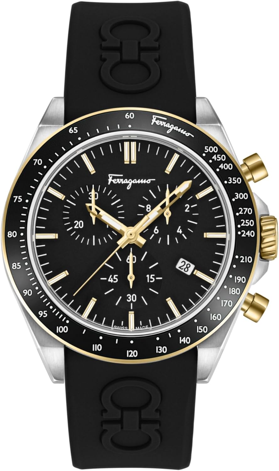Ferragamo Urban Chrono Men’s Watch, Swiss Made Luxury Designer Chronograph Watch with Black Sunray Dial, Silver Tone 43mm Stainless Steel Case, Black Silicone Strap, Deployant Clasp, 5 ATM