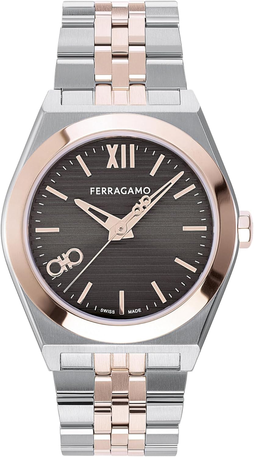 Ferragamo Vega Men's Luxury Watch with Two Tone Stainless Steel Bracelet and Brown Guilloche Dial