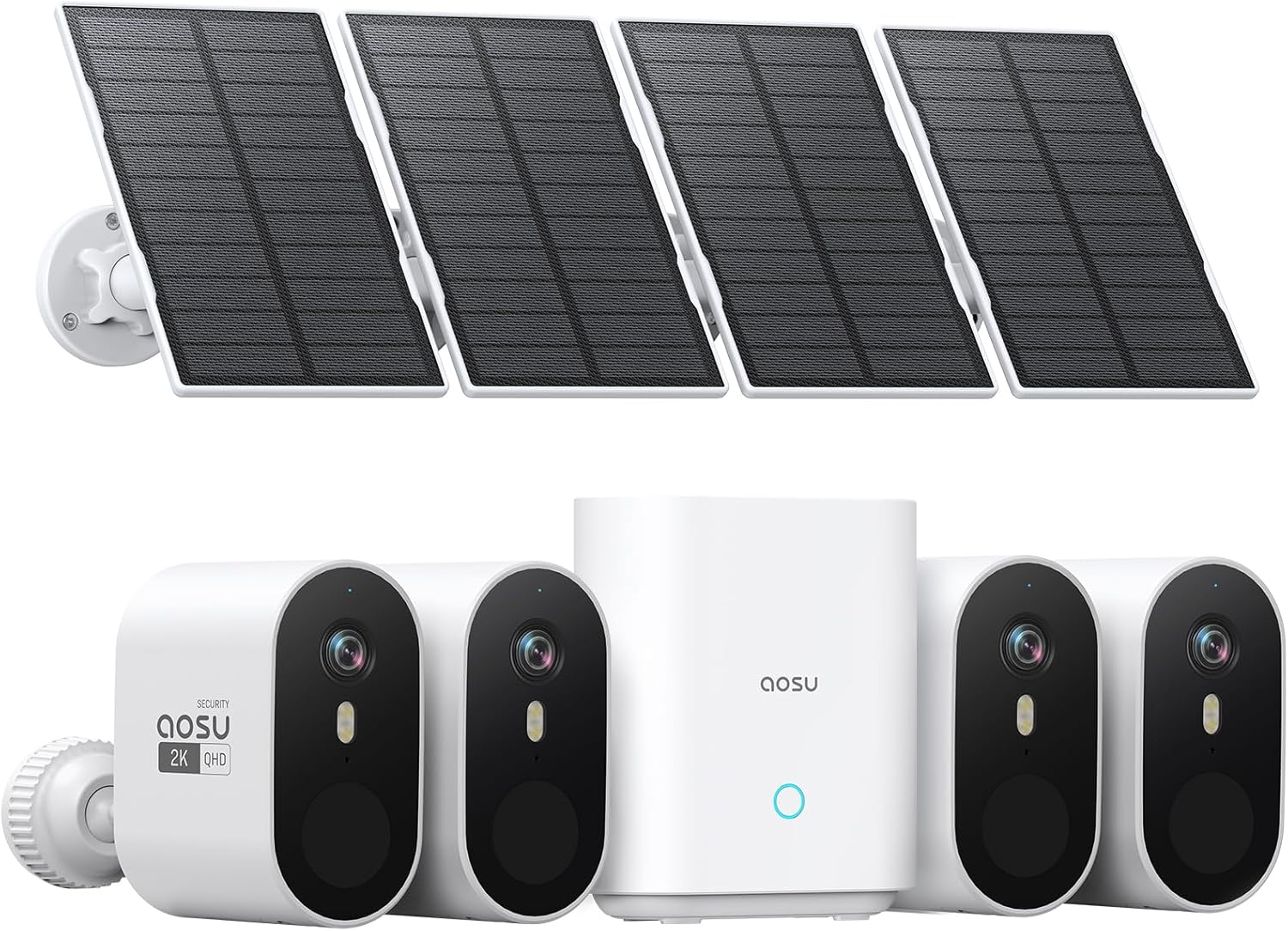 aosu 2K QHD Solar Security Cameras Wireless Outdoor System, 4-Cam-Kit | No Subscription Required, 32GB Local Storage, 166° Ultra-Wide Angle, Color Night Vision, AI Human Detection & Motion Alerts