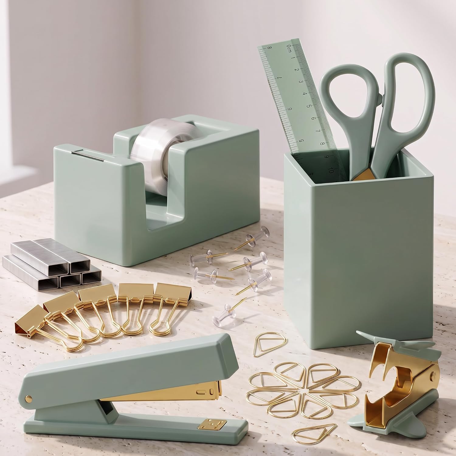 Aesthetic Desk Accessories Set - A Complete Desktop Organizer Set For Women Enhances Any Office Decor - An Office Supplies Kit w Gold Finish incl. Pen Holder, Scissors, Stapler, Tape Dispenser & More