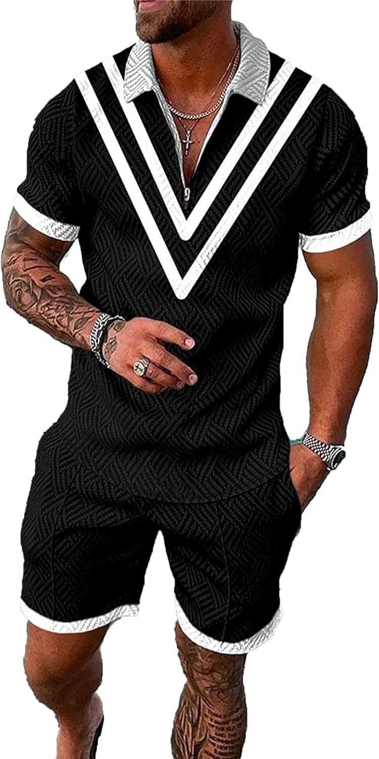 3XL Black and White V Mixed Mens Short Sets 2 Piece Outfits Fashion Summer Tracksuits Casual Set Polo Shirt Short Sleeve and Shorts Set