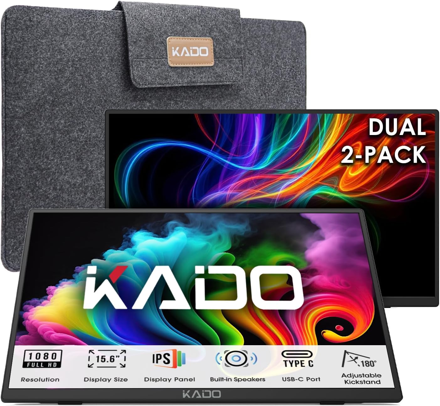 Kado 2-Pack 15.6-Inch 1080p IPS Monitor Extender for Laptop 1920x1080 USB-C | Dual Portable Monitor Setup, Mini HDMI 180° Kickstand Built-in Speakers, Stacked Desktop Setup Office Gaming Daytrading